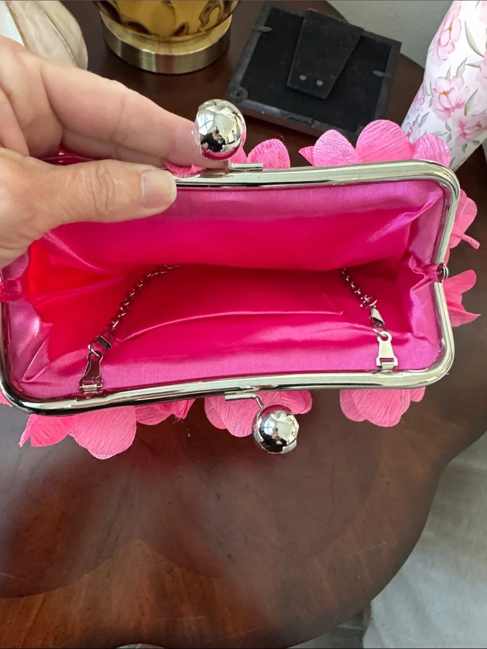 Amazon Hot Pink Floral Petal Clutch with Silver Kiss-Lock